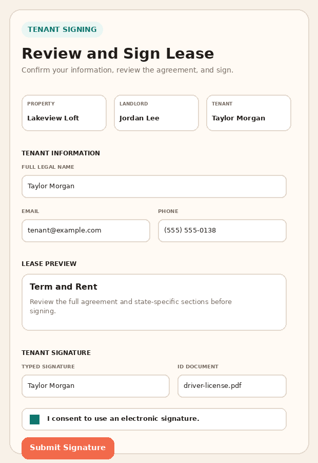 Tenant signing screen with contact information, lease preview, typed signature, ID document, consent, and Submit Signature button